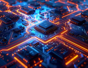 Close-up of futuristic glowing circuit board with orange and blue lights