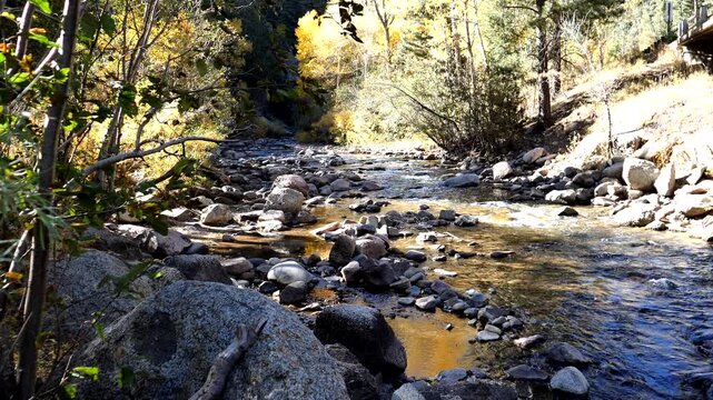 The legendary Pecos River flows over rocks in Pecos River Canyon State Park in autumn in New Mexico