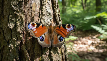 Colorful peacock butterfly with open wings resting on textured tree trunk in forest