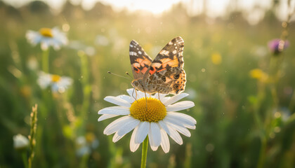 Painted lady butterfly perches on a white daisy in a sun-drenched meadow during sunset
