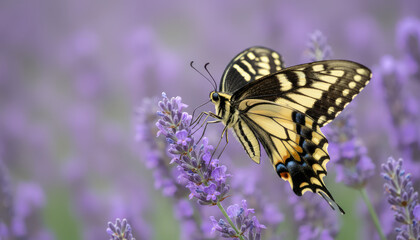Obraz premium Beautiful butterfly with black and yellow wings perched on a purple lavender flower