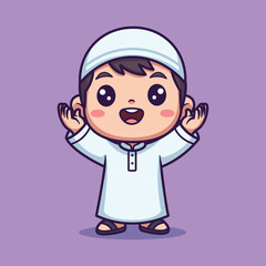 Cute Vector Illustration of a Smiling Child in White Thobe and Cap with Raised Hands on Light Purple Background