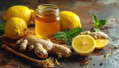 Close-up of lemons, ginger, honey, and mint leaves, rustic setting
