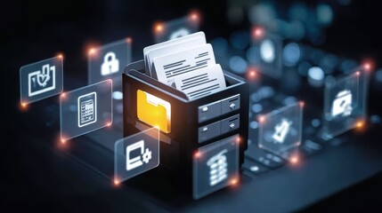 A vibrant futuristic console where report publishing and online document organization collaborate inside a master folder strengthening information management