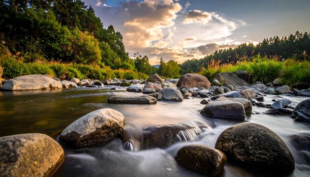 Flowing river through lush forest under a sunset sky, rocks in foreground, trees and grass on riverbanks - Powered by Adobe