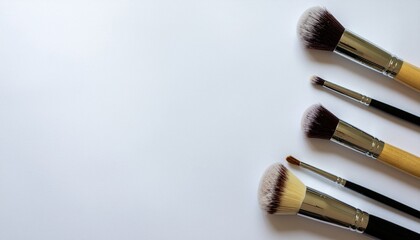 Various professional makeup brushes arranged neatly on a clean white surface