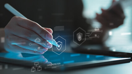 cloud, security, shield, protection, network, cloud computing, A hand uses a digital device with glowing security icons, symbolizing cloud protection, data privacy, and cybersecurity defense.