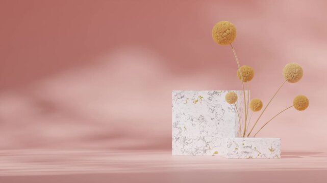 yellow mimosa and pink wall in 3d video render of blank mockup white marble block podium looping seamless shadow animation