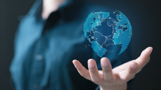 particle, data, sphere, light, energy, glow, digital, connection, A glowing digital globe floats above a hand, symbolizing global data, networking, and advanced technological communication. - Powered by Adobe