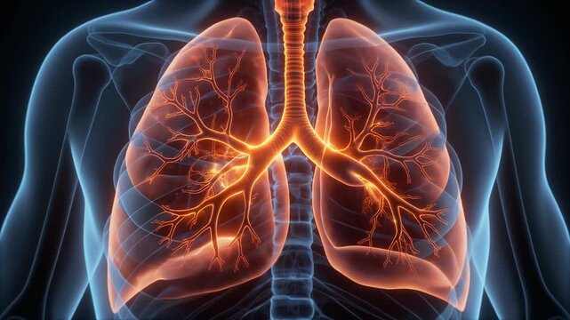 Medical animation of human lungs and bronchi, illustrating intricate terminal structures.