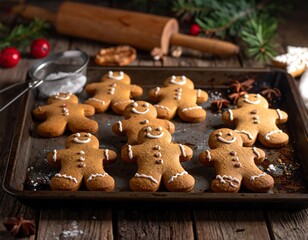 Freshly baked gingerbread men cookies on a rustic baking sheet with holiday greenery & baking utensils backdrop