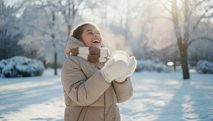 Young girl laughing and exhaling vapor in a winter wonderland holding ice