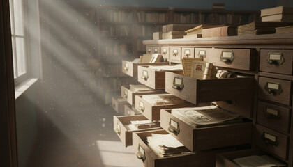 Sunlight beams into old wooden card catalog filled with historical documents