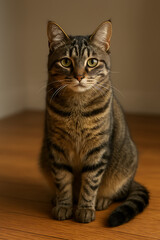 The Gentle Gaze of a Domestic Tabby.A close-up portrait of a calm and attentive tabby cat sitting on a warm wooden floor. The cat&rsquo;s fur displays beautiful brown, black, and cream stripes, illuminated 