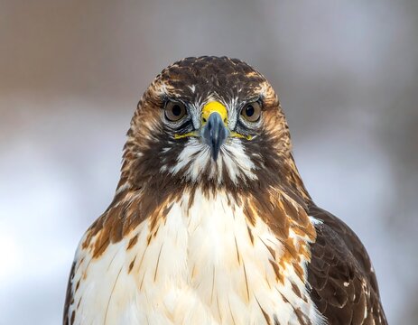 Focused bird portrait a hawk gazes intensely, brown and white plumage against a blurred background