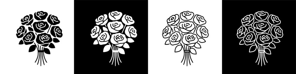 Collection of stylized graphic illustrations featuring elegant rose bouquets, depicted in contrasting black and white minimalist icon designs, ideal for symbolic and decorative use