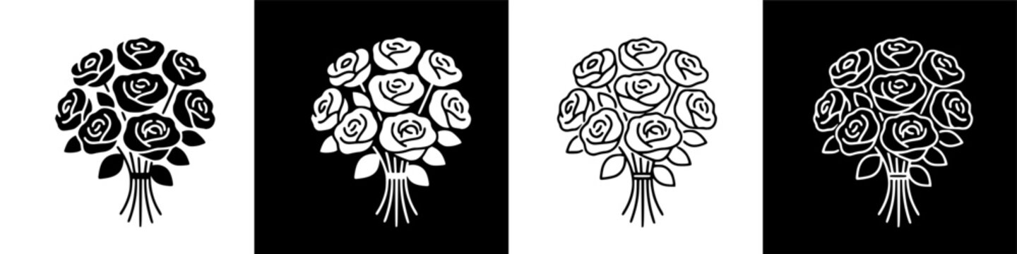 Collection of stylized graphic illustrations featuring elegant rose bouquets, depicted in contrasting black and white minimalist icon designs, ideal for symbolic and decorative use