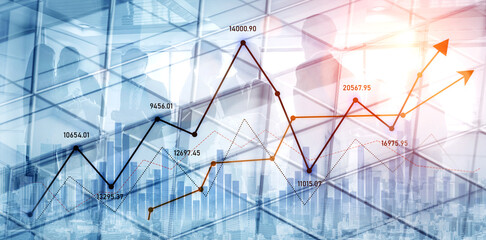 A modern portrayal of stock market analysis featuring financial graphs and silhouettes of business professionals, symbolizing growth, investment, and economic trends. Scalp