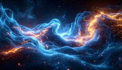 Cosmic abstract art depicting glowing blue and gold celestial forms