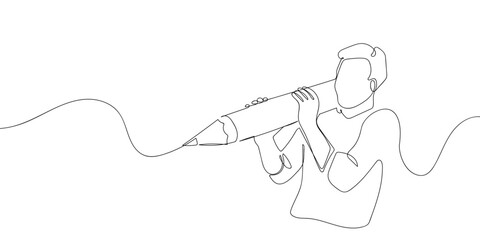 A person is writing with a large pencil in one continuous line. simple linear style. Doodle vector illustration Editable stroke.