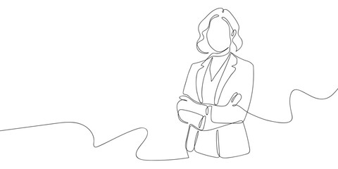 A woman in a suit stands with her arms crossed across her chest in a single continuous line. simple linear style. Doodle vector illustration Editable stroke.
