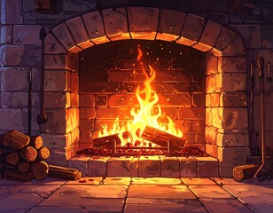Cozy cartoon illustration of a fireplace with burning flames and logs