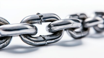 Snapped industrial strength silver metal chain with tension fracture visible, extreme close-up showing metallurgical details of broken link, high contrast between polished steel and white seamless