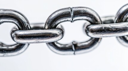 Obraz premium Snapped industrial strength silver metal chain with tension fracture visible, extreme close-up showing metallurgical details of broken link, high contrast between polished steel and white seamless