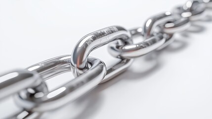 Obraz premium Severed heavy-duty silver chain with detailed link texture, broken end showing internal metal structure, studio lighting creating distinctive highlights and shadows on polished surface, minimalist