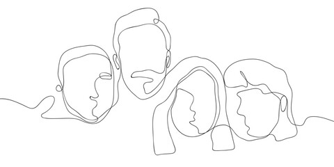 The faces of four people in one continuous line. simple linear style. Doodle vector illustration Editable stroke.