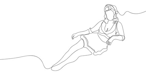 A woman wearing a Santa costume in one continuous line. simple linear style. Doodle vector illustration Editable stroke.
