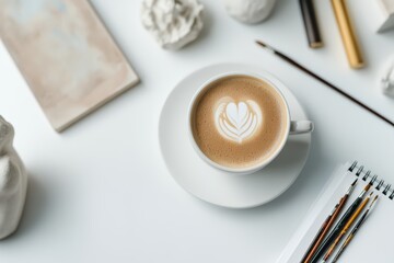 Top view flat lay of artist workspace featuring hot cappuccino cup with heart latte art, paintbrushes, and sketchbook on white desk, symbolizing creative morning routine and artistic inspiration.