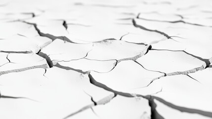 Intricate pattern of deep geometric cracks spreading across parched earth, pure white background, razor-sharp vector illustration, high contrast fracture lines, minimalist desert ground texture