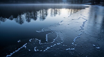 Blue water reflection of a calm mountain lake landscape at sunrise with clouds and fog