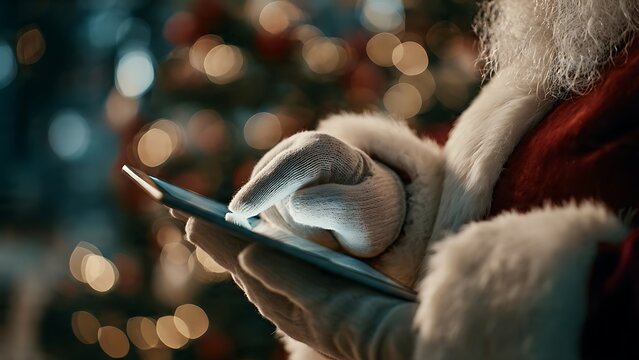 Close up of santa claus wearing white glove using a digital tablet device near a blurred christmas tree with bokeh lights - Powered by Adobe