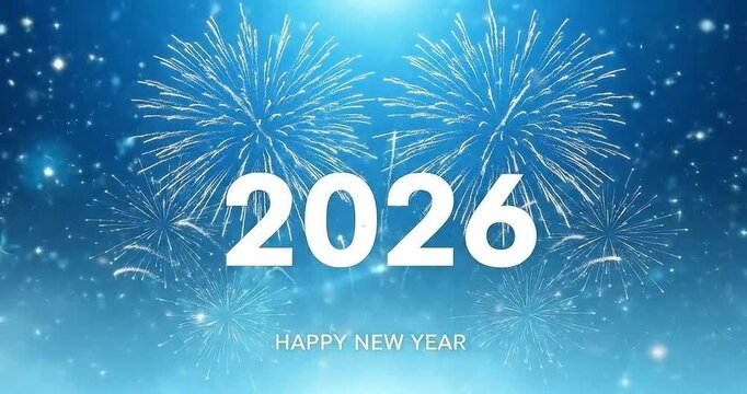 Happy New Year 2026 festive fireworks animation, blue gradient background with sparkling light particles and elegant 2.5D motion