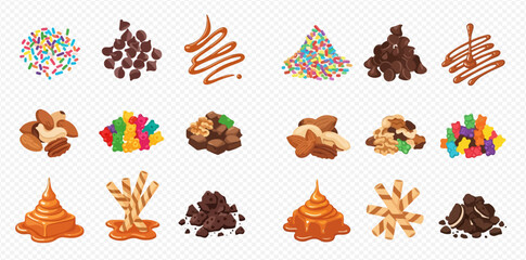 Assortment of Sweet Dessert Toppings Candy Sprinkles Chocolate Chips Nuts Caramel Sauce and Cookie Crumbles for Bakery and Confectionery 2dflat