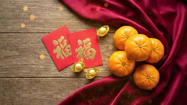 Chinese New Year festive arrangement with red envelopes, gold ingots, and fresh oranges on a rustic wooden table with red silk.