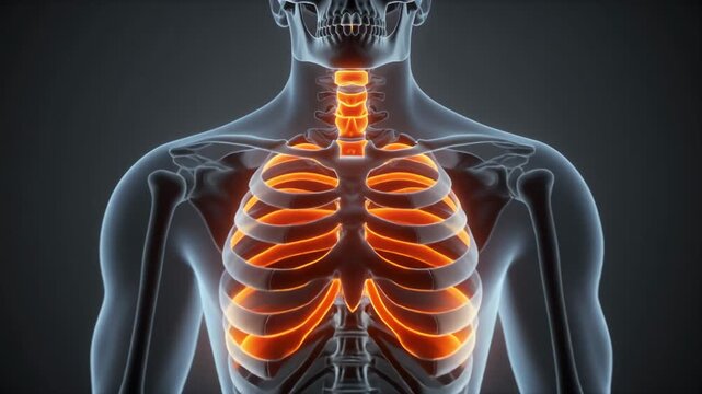 Animated human axial skeleton with camera pulling back, revealing rib cage and skull