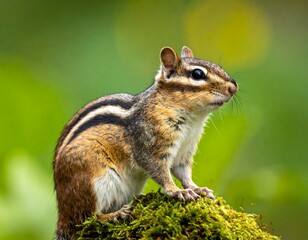 Obraz premium A cute chipmunk perched on mossy ground with blurred green background