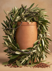 Terracotta pot with olive branch wreath on neutral background with scattered seeds