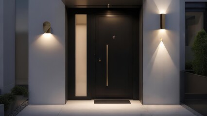 Modern Home Entrance with Illuminated Sconces and Dark Door at Night.
