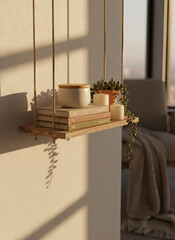 Wooden swing shelf with books candles and plant in warm sunlight home decor element