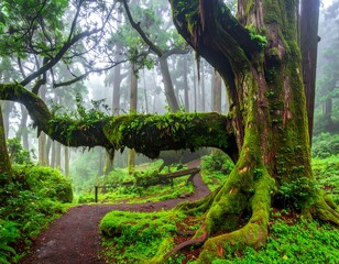 Foggy forest path with mossy old tree and winding trail through lush green undergrowth on a misty day
