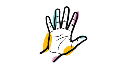 Obraz premium Hand-drawn illustration of an open palm with abstract colorful accents, symbolizing a greeting, help, or communication.
