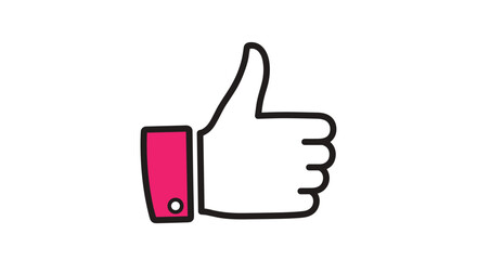 Hand-drawn thumbs up icon with a pink cuff, representing a like or approval, isolated on a plain white background.