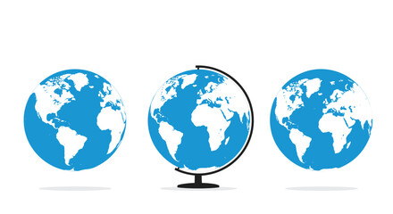 Fototapeta premium Three different vector illustrations of the globe, including two floating spheres and one on a stand, showing different continents.