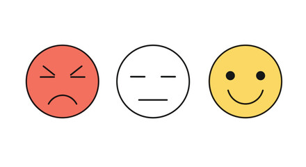 Fototapeta premium Three simple emoticons for feedback, showing angry, neutral, and happy faces with minimalist outlines and basic colors.