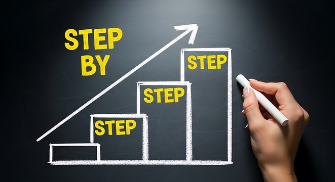 Hand drawing step by step progress chart with upward arrow on dark chalkboard background for success