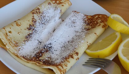 Two pancakes with powdered sugar and lemon wedges on a white plate with a fork